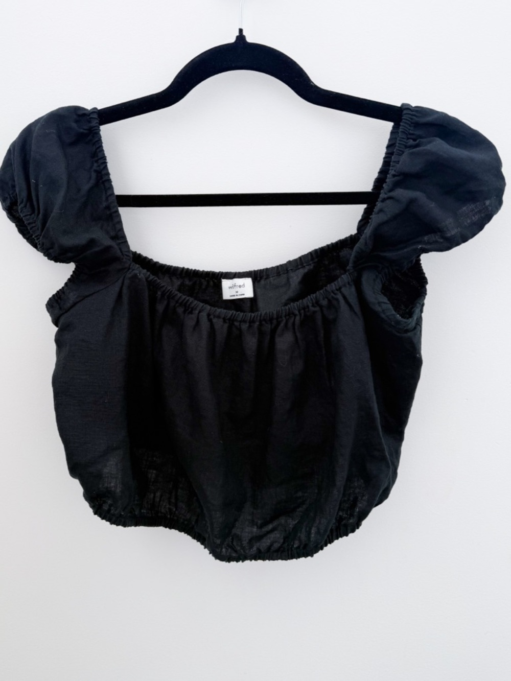 Wilfred 100% Linen Puff Sleeve Crop Top Black Elastic Waist Summer Blouse